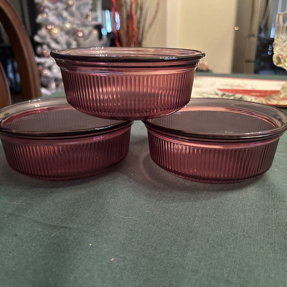 Vintage Visions Corning ware 3 Cranberry Amethyst Ribbed Bowls 1 pint
